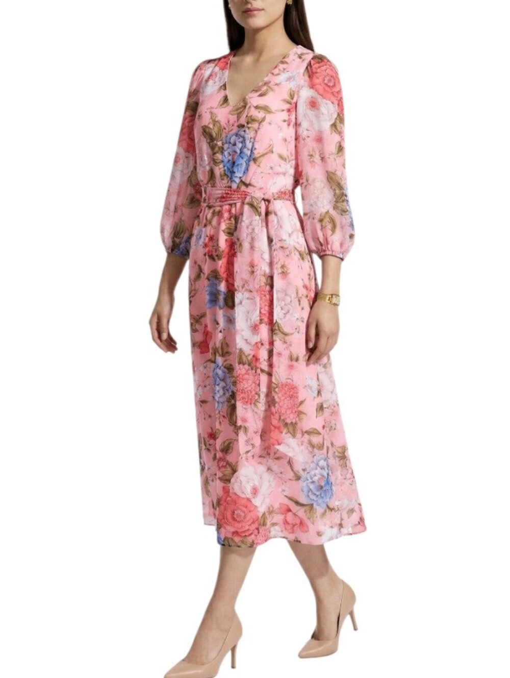 Nwt Anne Klein Coral Calypso Chiffon Garden Floral LS Lined V Neck Midi Dress